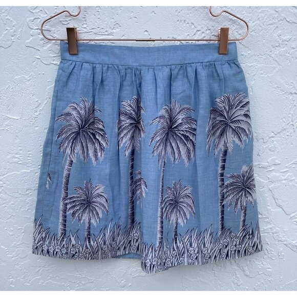 J Crew Womens Cotton Linen Tropical Palm Tree Pleated Mini Skirts Blue Sz 2 - Picture 2 of 9
